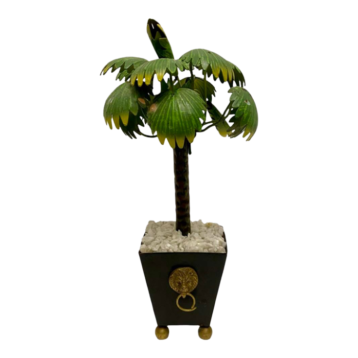 vintage hollywood regency metal petite potted palm tree with lions head 7081