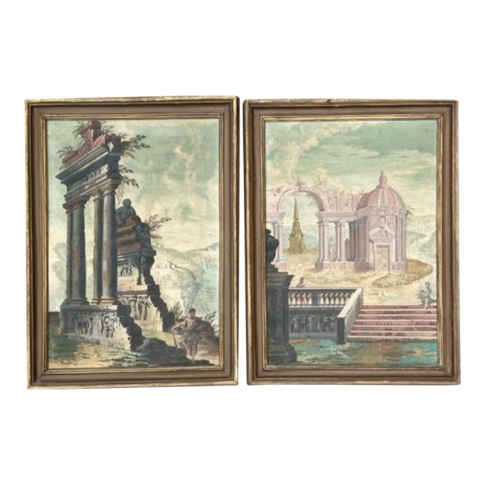 vintage italian gentilini antichita temple ruins original oil paintings on canvas set of 2 0642