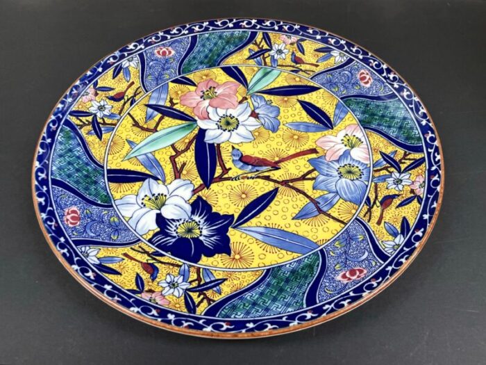 vintage japanese ceramic imari style blue and yellow round charger plate serving platter 5012