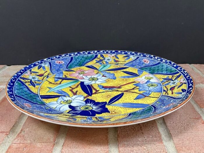 vintage japanese ceramic imari style blue and yellow round charger plate serving platter 6724