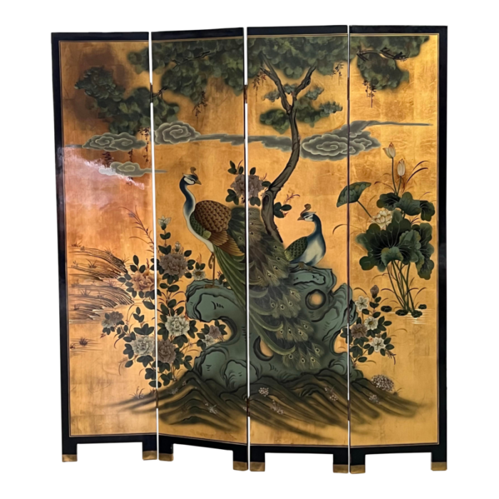 vintage lacquered chinoiserie screen room divider with peacock motif 7037