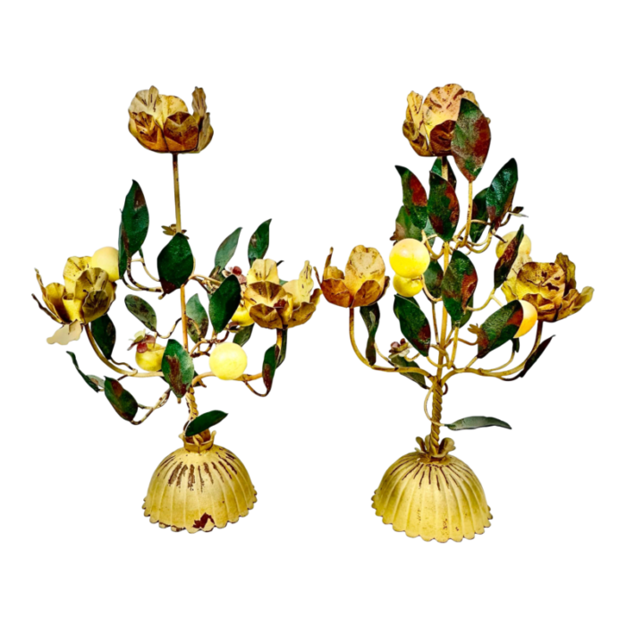 vintage metal tole lemon candle holders a pair 6830