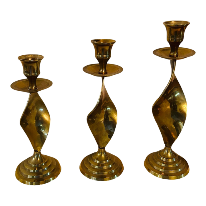 vintage mid century modern brass twist barley spiral taper candlestick holders set of 3 0441