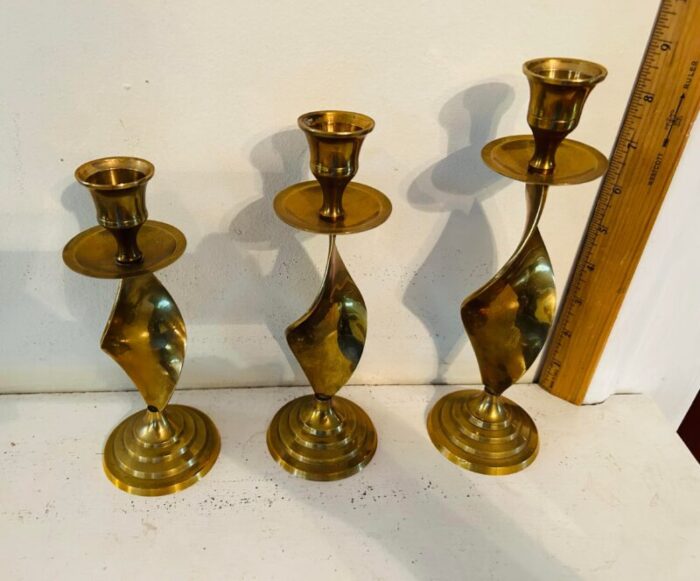 vintage mid century modern brass twist barley spiral taper candlestick holders set of 3 2784