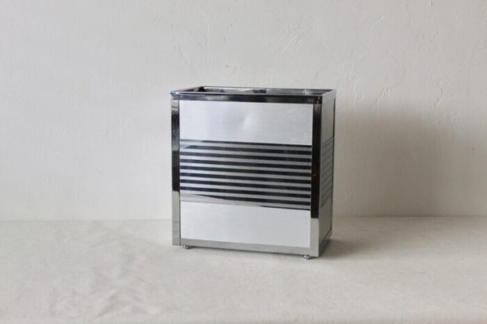 vintage mid century modern steel and chrome rectangular wastebasket ball feet detail 0693