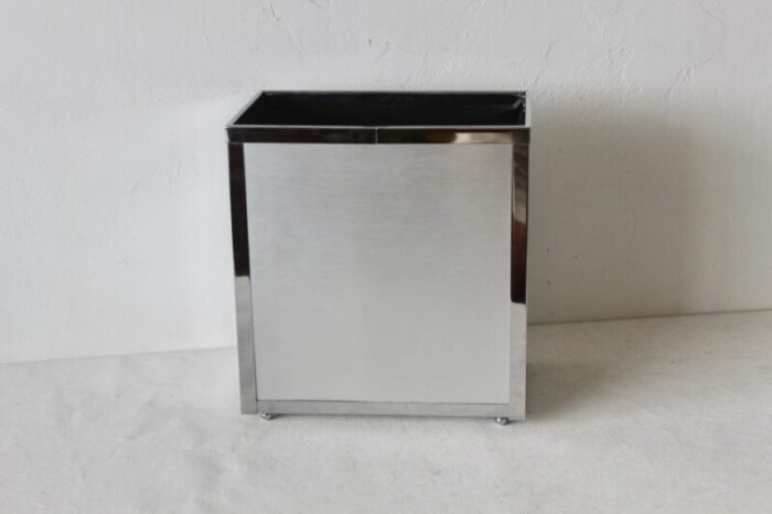 vintage mid century modern steel and chrome rectangular wastebasket ball feet detail 5859