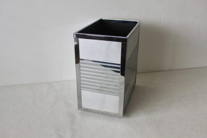 vintage mid century modern steel and chrome rectangular wastebasket ball feet detail 7302