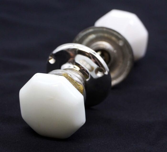 vintage octagon white milk glass and nickeled brass door knob set 9997