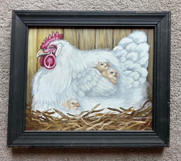 vintage oil painting of hen with chicks on canvas 2349