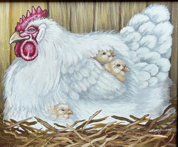 vintage oil painting of hen with chicks on canvas 7407