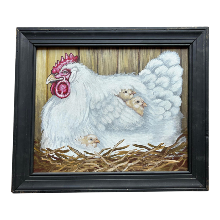 vintage oil painting of hen with chicks on canvas 9319