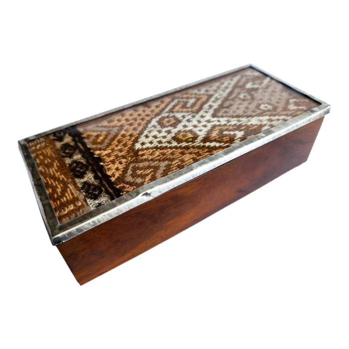 vintage peruvian wood trinket box with silver rim and chancay textile 8232