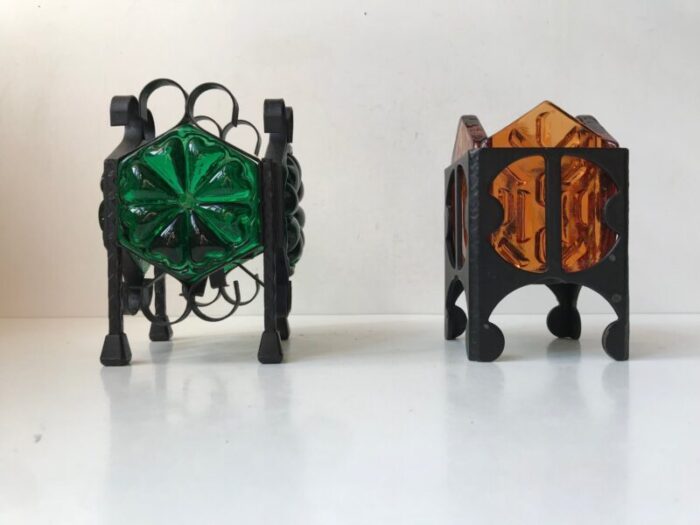 vintage scandinavian wrought iron and glass tealight candleholders from dantofte 1970s set of 2 1