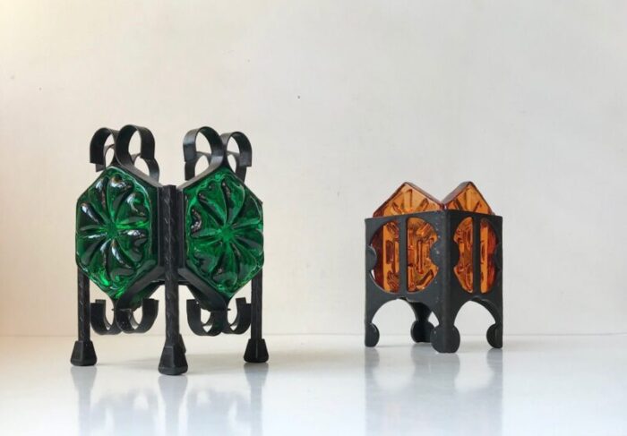 vintage scandinavian wrought iron and glass tealight candleholders from dantofte 1970s set of 2 2