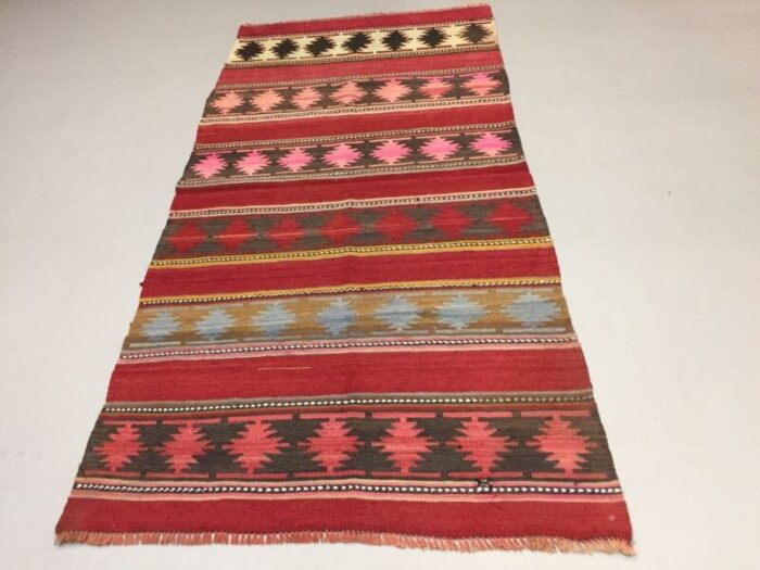 vintage turkish red pink black and beige wool kilim rug 1950s 2