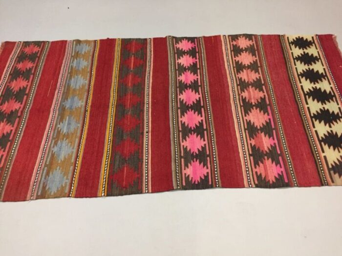 vintage turkish red pink black and beige wool kilim rug 1950s 3