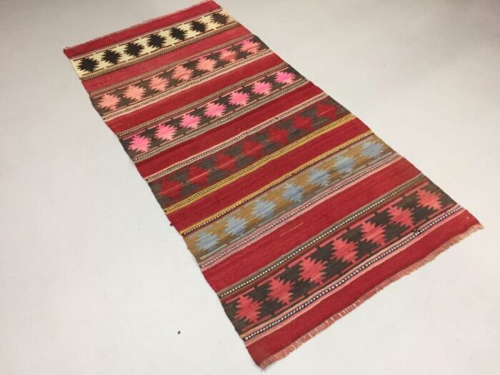 vintage turkish red pink black and beige wool kilim rug 1950s 4