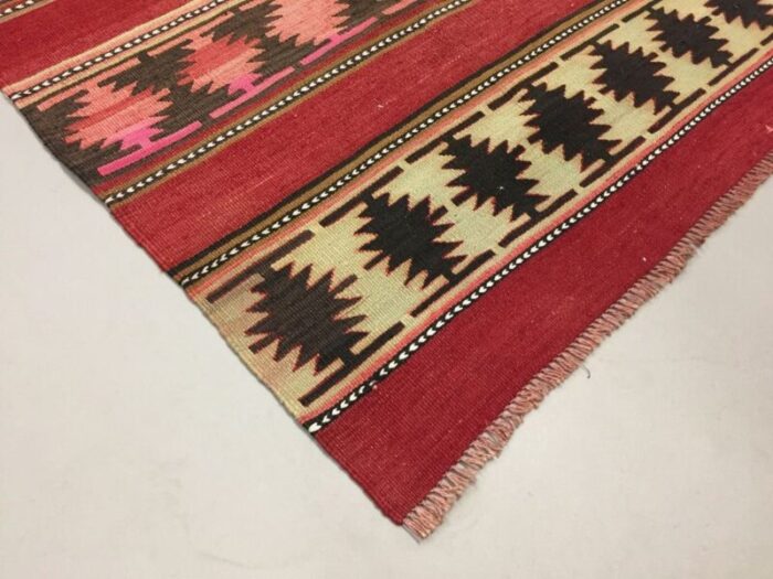 vintage turkish red pink black and beige wool kilim rug 1950s 8