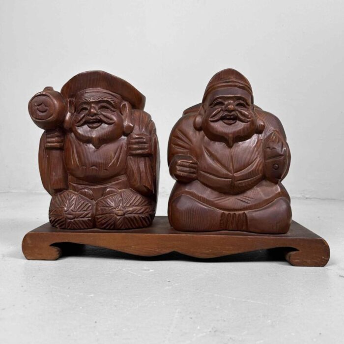 wooden deity statue of ebisu and daikoku japan 1950s 3466